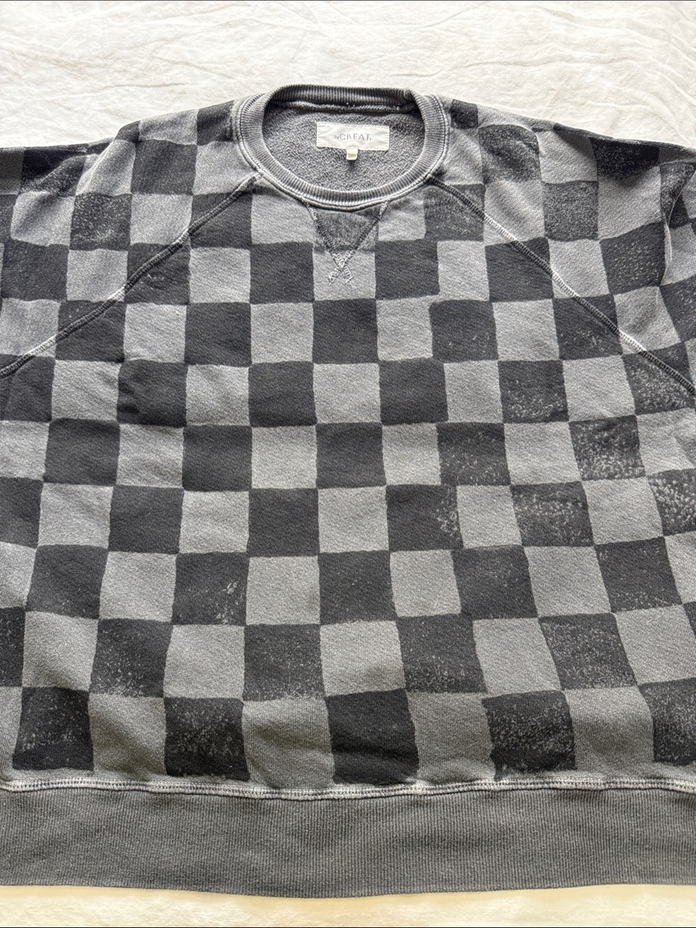 THE GREAT. Women's Checkerboard Crewneck Sweatshirt in Charcoal and Light Gray
